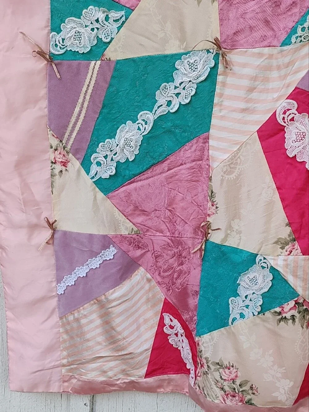 Vintage Handsewn Patchwork Satin Lace Quilt, Grandmacore, Victorian, Cottagecore